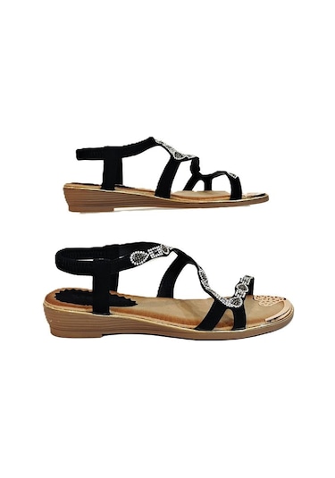 Voyager B160 Siyah Taşlı Lastikli Kaymaz Şık Bayan Sandalet Siyah