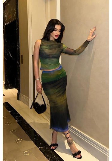 Kadın Multi Desenli Lycra Uzun Kollu Bisiklet Yaka Takım Çok Renkli