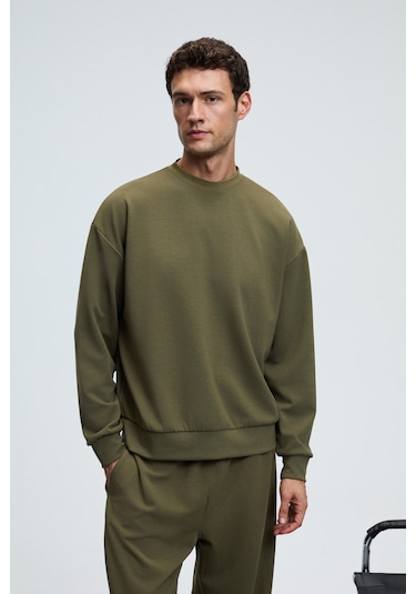 Grimelange VIENTO Erkek Bisiklet Yaka Uzun Kollu Regular Fit Haki Sweatshirt