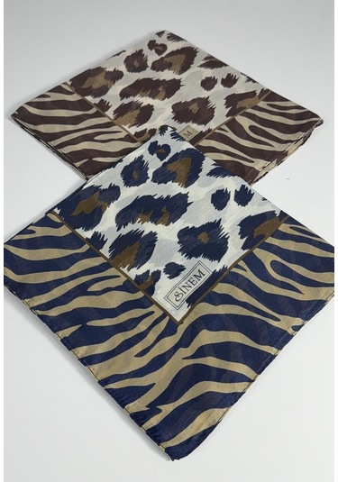 Sinem İndia Leopar Desen 2'li Sorti Eşarp -6294 Kahve-lacivert