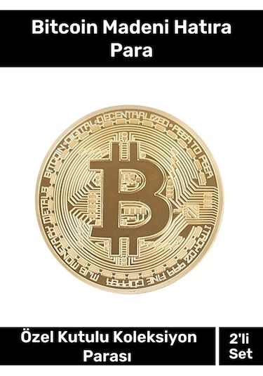 Özel Kutulu Hatıra Koleksiyon Bitcoin Madeni Para Altın Rengi 2'li Set