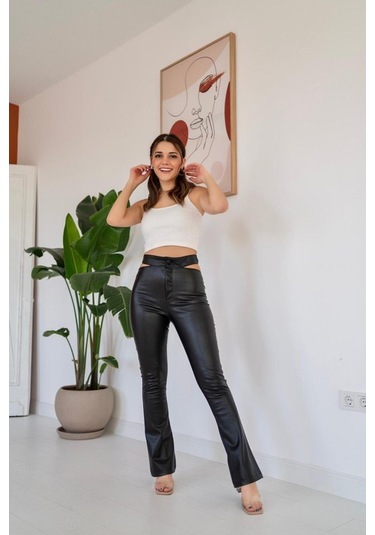 Gülsüm Aydın Siyah Bel Detaylı Deri Pantolon Siyah