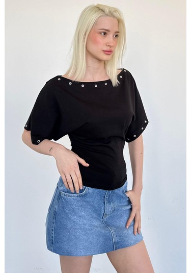Madmext Siyah Off Shoulder Metal Detaylı Kadın Bluz Mg2671 Siyah