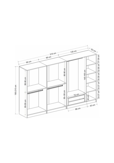 Minar Kale 7 Bölmeli 2 Çekmeceli Giyinme Dolabı Antrasit 210cm Antrasit