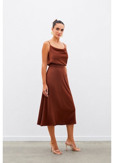 Sateen Midi Boy Saten Etek - Kahve-134960 Kahve