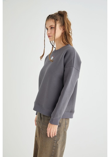 Hello Kitty Lisanslı Baskılı Kalın Oversize Fit Gri Sweatshirt Renkli