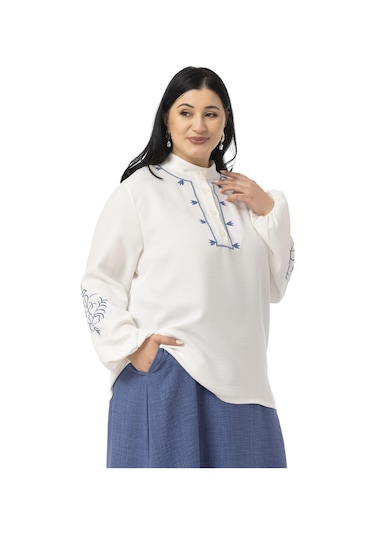 Büyük Beden Nakış Detaylı Bluz Etek İndigo İkili Takım İndigo