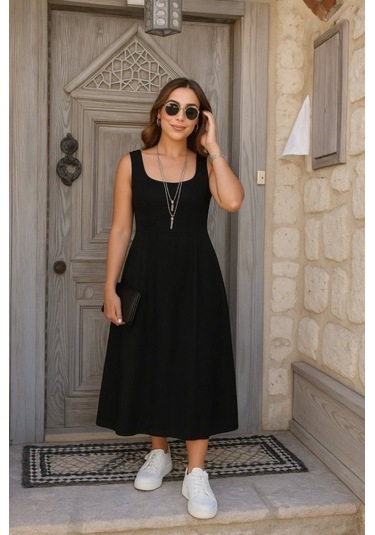 Tua Moda Kadın Askılı Geometrik Yakalı Geniş Kesim Detaylı Ithal Krep Elbise Siyah