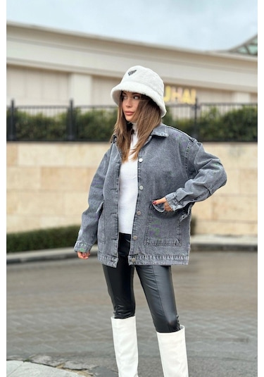 Kadın Gri Geniş Cepli, Kaliteli Jeans Kumaş, Salaş Kot Ceket Gri