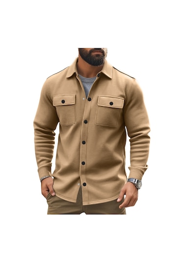 Gündelik Erkek Kadife Yaka Üst Tek Sıra Düğmeli Düz Renk Dar Kesim Ceket Manto Haki