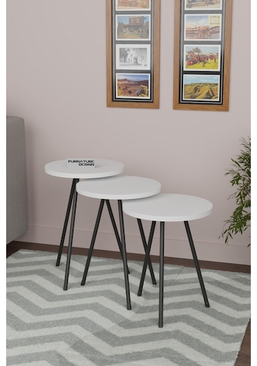 3'lü Zigon Sehpa Seti Metal Ayaklı Yan Sehpa Beyaz