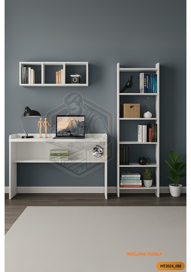 Tamamı Mdf Kitaplıklı Duvar Raflı Çalışma Odası Seti