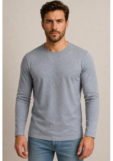 Axxel Erkek Gri Melanj Pamuklu Likralı Süprem Uzun Kollu T-shirt-d240