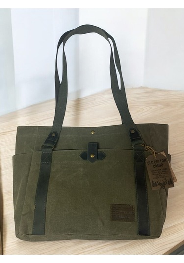 Vintage Salaş Design Su Geçirmez Kanvas Deri Günlük Okul Gezi Omuz Kol Çantası 35x28cm Haki