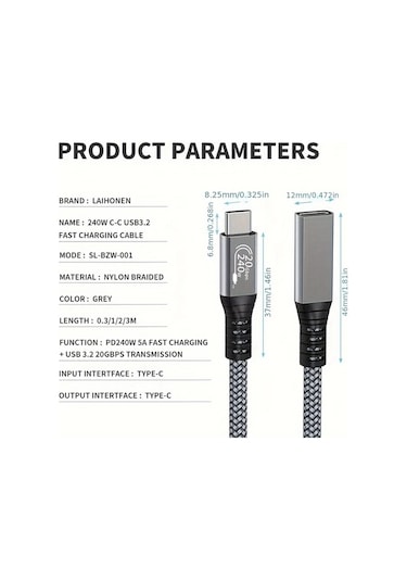 Oldfriend Usb C Uzatma Kablosu 10ft 240w Şarj 20gbps Veri Aktarım 4k Video Usbc 3.2 Type C