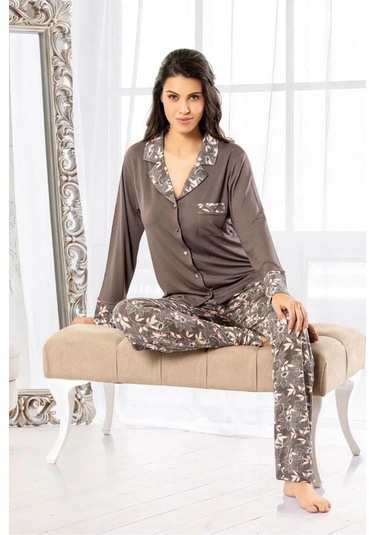 Faal 8603 Kadın Uzun Kollu Önden Düğmeli Pijama Takımı-kahve Kahve