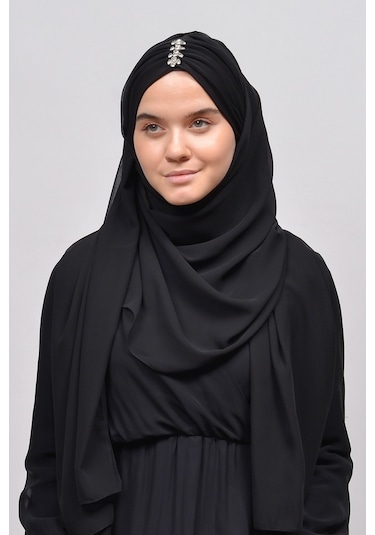 Altobeh Zarif Taşlı Drapeli Hazır Pratik Şifon Kadın Tesettür Şal - Siyah