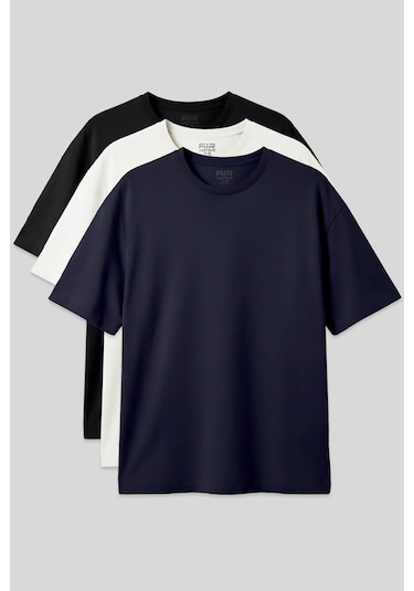 Basic Oversize O Yaka 3lü Paket Siyah-lacivert-ekru Erkek T-shirt - 88377 Siyah - Lacivert - Beyaz