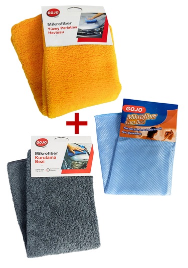 Gojo Mikrofiber Yüzey Parlatma Havlusu + Kurulama Havlusu+ Cam Bezi 3lü Set