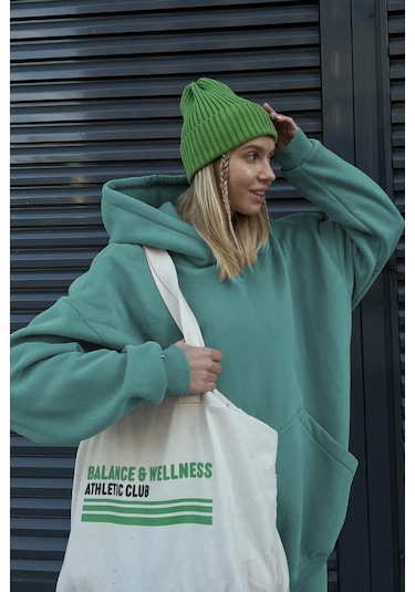 Madmext Mavi Kapüşonlu Şardonlu Oversize Sweatshirt Mg1566 Mavi