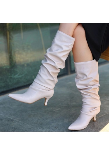 Zelya Bej Cilt Topuklu Çizme Bej