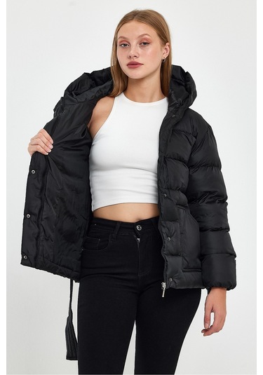 Alisse-kadın Siyah Kapüşonlu Kemerli Şişme Mont Kaban Siyah