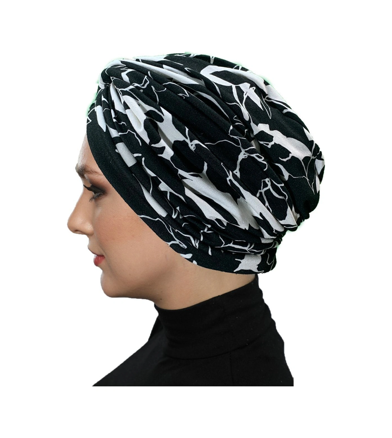Desenli Çapraz Penye Siyah Çiçek Motifli Hazır Türban Tesettür Havuz Bonesi Siyah-krem