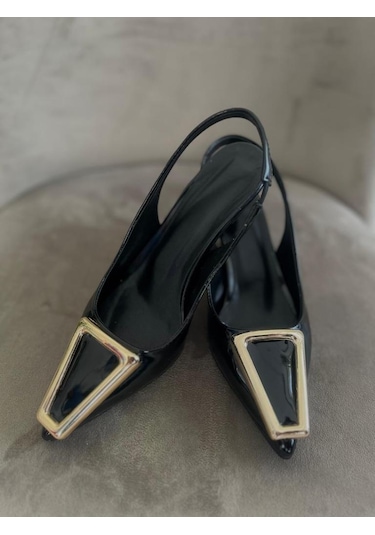 Kadın Rugan Toka Detaylı Arkası Açık Klasik Topuklu Ayakkabı Rozi 001