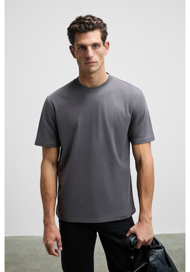 Solo Erkek %100 Organik Pamuklu Kalın Dokulu Comfort Fit Bisiklet Yakalı Antrasit T-Shirt