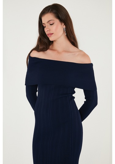 Lela Premium Fitilli Carmen Yaka Slim Fit Midi Boy Triko Bayan Elbise 680El00033 Lacivert