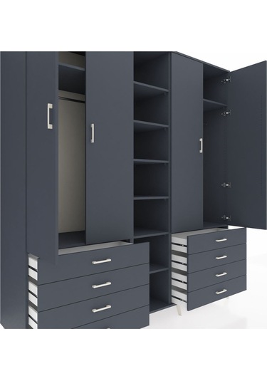 Kronos Dolap 10 Raflı 8 Çekmeceli 2 Askılı 220x59x243 Antrasit-antrasit/antrasit Antrasıt/antrasıt
