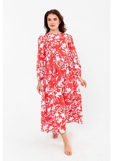 Yaprak Desenli Renkli Pamuklu Yazlık Baharlık Kuşaklı Elbise 2101 Kırmızı