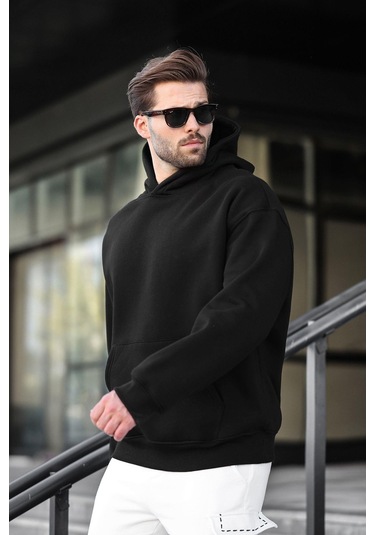 Siyah Kapüşonlu Kanguru Cep Erkek Sweatshirt E7169 Siyah