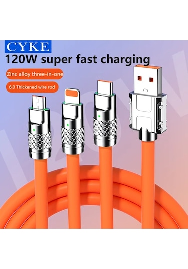 Beemen 120 W Destekli Led'li Çelik Sıvı Silikon 3 İn1 Şarj Kablosu Turuncu