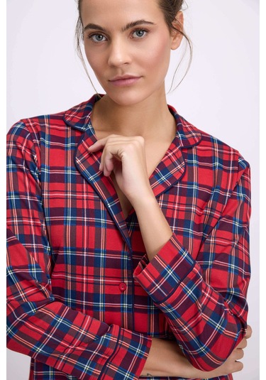 Man11580-1011 Anil Ev Giyim Anıl Kadın Uzun Kol Düğmeli Gömlek Ve Ekose Pantolon Pijama Takımı 11580 Bordo