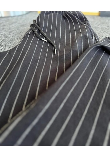 Alaçatı Stili Erkek Krep Kumaş Çizgili Gömlek Ve Pantolon Takım Siyah