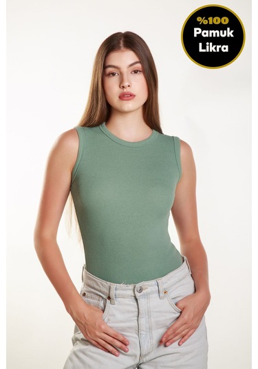 Kadın Fitilli Likralı Sıfır Kol Bisiklet Yaka Örme Atlet Tshirt Bluz Çağla Yeşili