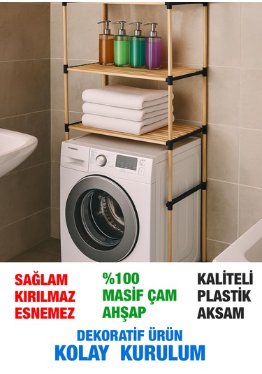 Nc01 Ahşap Çamaşır Makinesi Organizer Banyo Düzenleyici Raf Masif Çam Ahşap Açık Ahşap