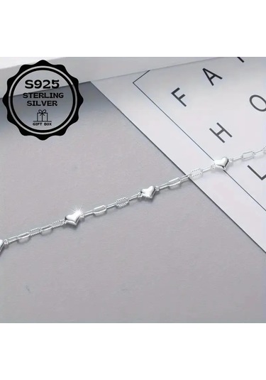 Heart Chain 925 Ayar Sade Şık Zincir Kalpli Gümüş Bileklik Çok Renkli