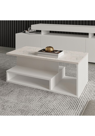 Vera Mini Orta Sehpa Modern Tasarım, Fonksiyonel Raflı Yap Beyaz/beyaz Mermer