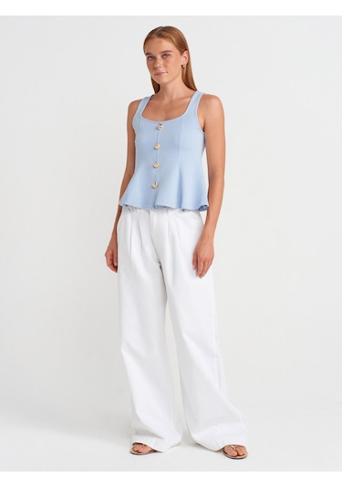 Dilvin 31979 Düğmeli Peplum Top-açık Mavi Açık Mavi