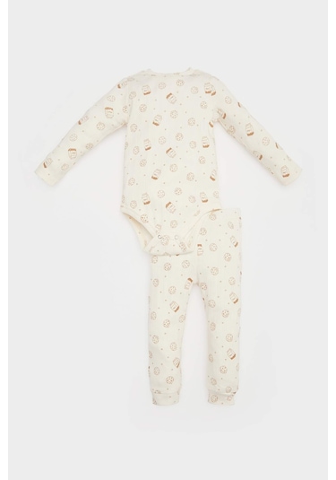 DeFacto Erkek Bebek 2'li Takım Fitilli Kaşkorse Baskılı Uzun Kollu Çıtçıtlı Body Esnek Belli Uzun Alt E6303A525SPER233 Ekru