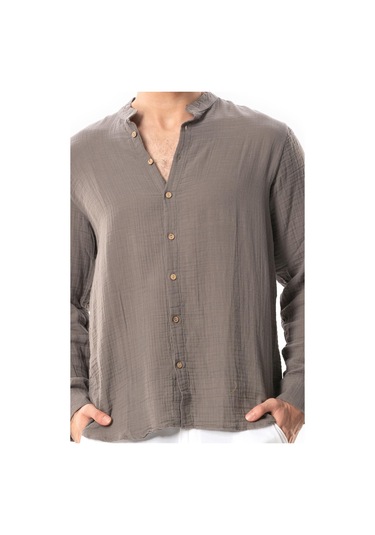 Uzun Kol Hakim Yaka Erkek Müslin Yazlık Gömlek Gri Gri Gri