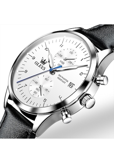 Olevs 2880 Erkekler Çok Fonksiyonlu İş Su Geçirmez Deri Kayış Kuvars Saat Beyaz