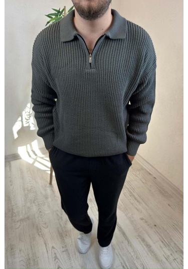 Erkek Gri Fermuarlı Polo Yaka Oversize Triko Kazak Gri