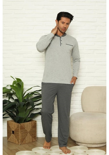 Alimer Erkek 3 Düğmeli Çizgili Desen %100 Pamuk Uzun Manşetli Kol Cepli Pijama Takımı Açık Gri