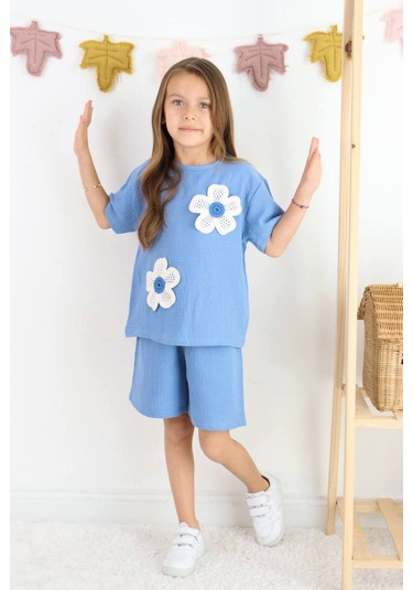 Örme Nakışlı Müslin Şort Takım Mavi