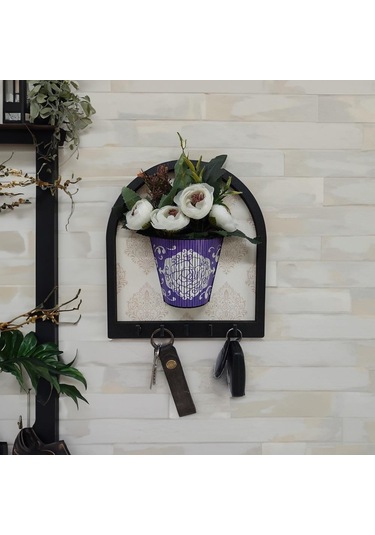 Cajuart Ahşap Motifli Mor Saksı İçinde Beyaz Yapay Çiçek Askılık Duvar Dekoru