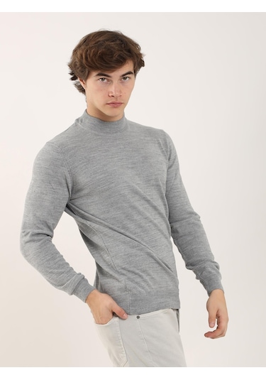 Dufy Gri Melanj Erkek Slim Fit Yarım Balıkçı Yaka Triko - 91112 Gri Melanj