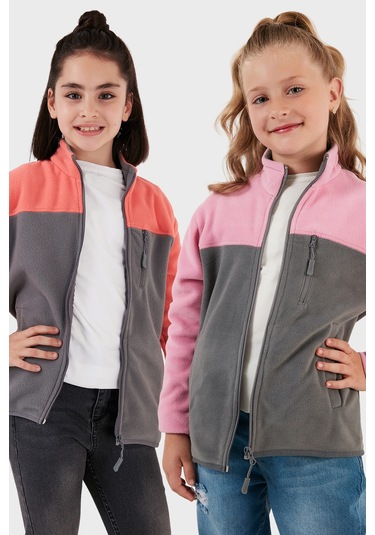 Lela Yumuşak Dokulu Fermuarlı Renk Bloklu Dik Yaka Cepli 2'Li Paket Hırka Çocuk Polar 5905001S2 Somon Gri-Şeker Pembe Gri
